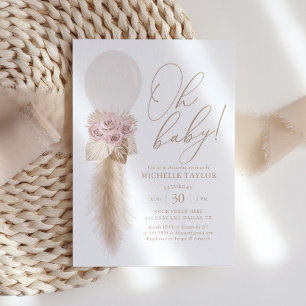 Pink Boho Pampas Grass Balloon Girl Baby Shower Invitation