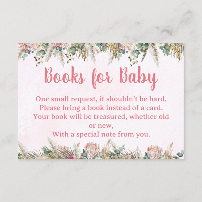 Pink Boho Pampas Grass Books for Baby Request Card (Front)