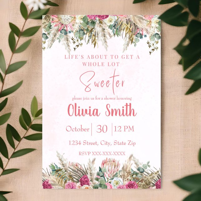 Pink Boho Pampas Grass Floral Girl Baby Shower Invitation (Creator Uploaded)