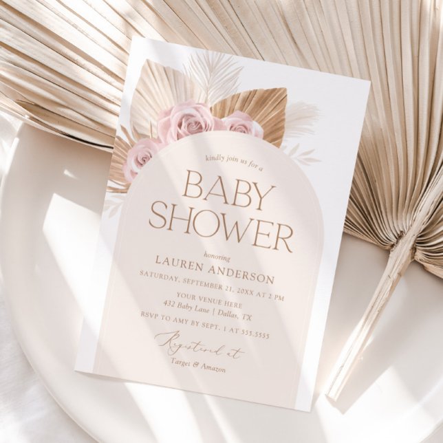 Pink Boho Pampas Grass Girl Baby Shower Invitation (Creator Uploaded)