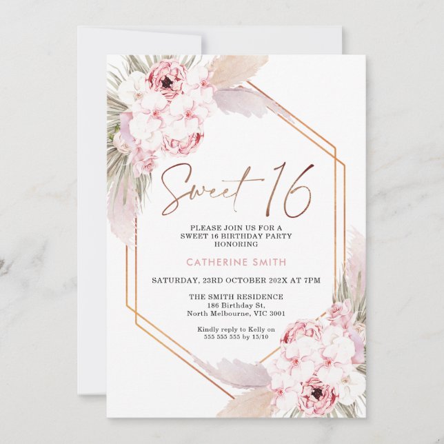 Pink Boho Pampas Grass Sweet 16 Birthday Invitation (Front)