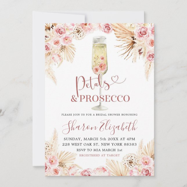 Pink Boho Petals and Prosecco Bridal Shower Theme Invitation (Front)