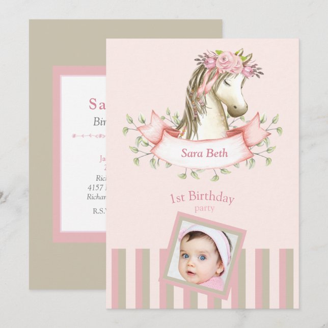 Pink Boho Pony Photo Baby Girl 1st Birthday Invitation (Front/Back)