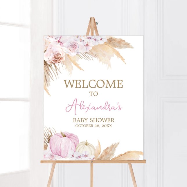 Pink Boho Pumpkin Baby Shower Welcome Poster (Boho Pampas Grass Baby Shower Welcome Sign)