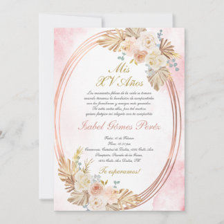 Pink boho Quinceanera invitation in Spanish