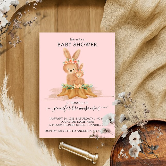 Pink Boho Rabbit Mummy Bunny Baby Invitation (Creator Uploaded)