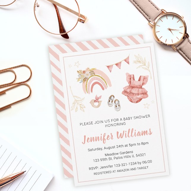 Pink boho rainbow baby girl shower invitation (Creator Uploaded)