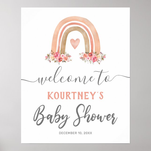 Pink Boho Rainbow Baby Shower Welcome Sign (Front)
