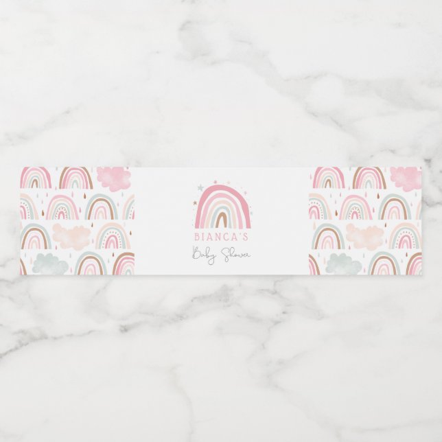 Pink Boho Rainbow Girl Baby Shower Water Bottle Label (Single Label)