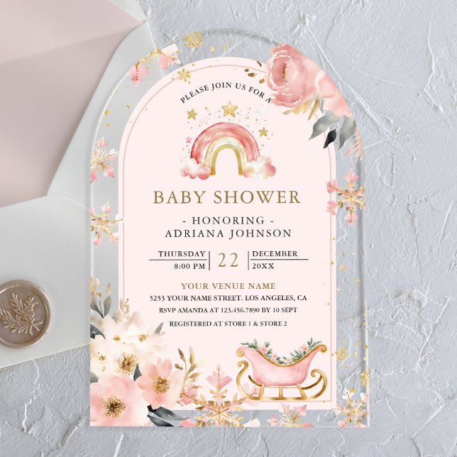 Pink Boho Rainbow Winter Arch Baby Shower Acrylic Invitations (Creator Uploaded)