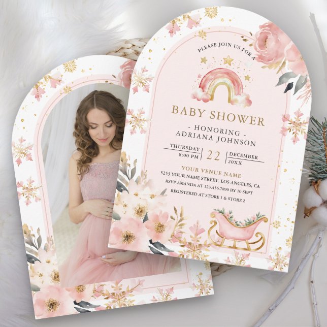 Pink Boho Rainbow Winter Photo Baby Shower Invitation (Creator Uploaded)