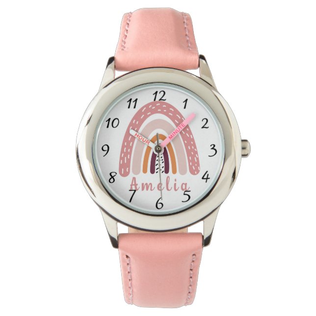 Pink Boho Rainbow with Personalised Name  Watch (Front)
