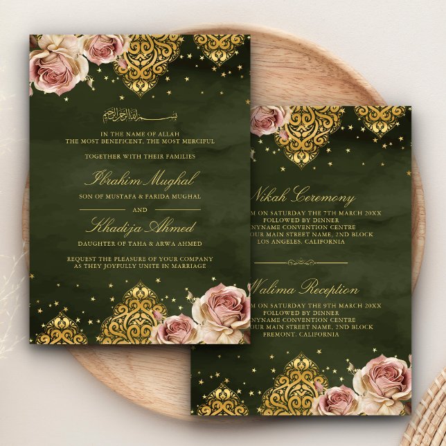 Pink Boho Rose Islamic Motif Green Muslim Wedding Invitation (Creator Uploaded)