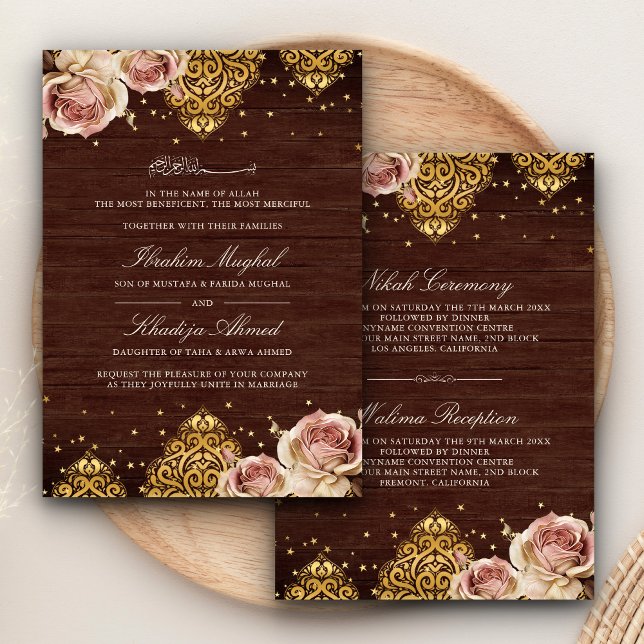 Pink Boho Rose Islamic Motif Wood Muslim Wedding Invitation (Creator Uploaded)