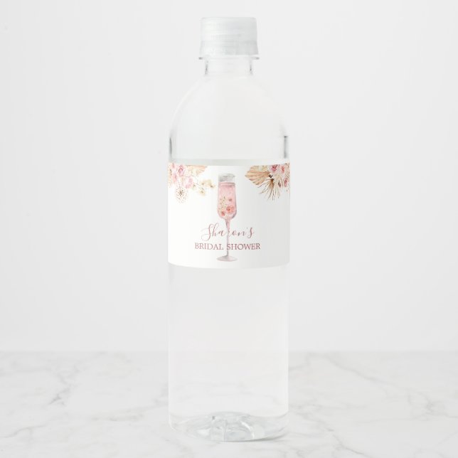 Pink Boho Rose Soiree Bridal Shower Water Bottle Label (Front)