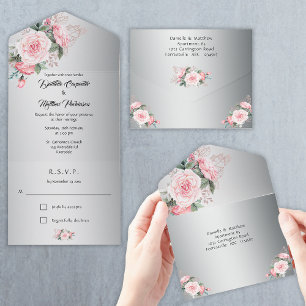 Pink Boho Roses and Metallic Silver Wedding All In One Invitation