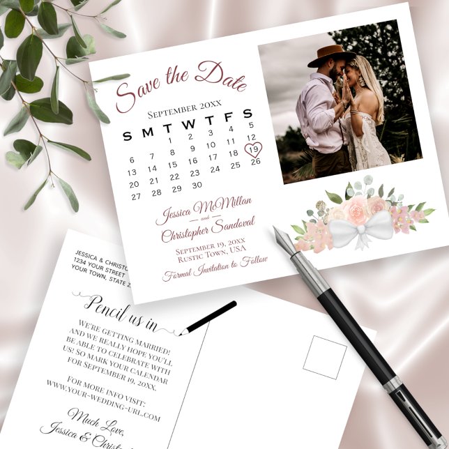 Pink Boho Roses Photo & Calendar Save the Date Announcement Postcard (Creator Uploaded)