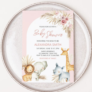Pink Boho Safari Animals Baby Shower  Invitation
