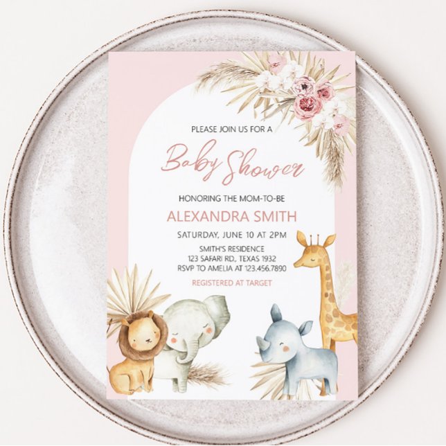 Pink Boho Safari Animals Baby Shower  Invitation (Girl Safari Animals Baby Shower Invitation)