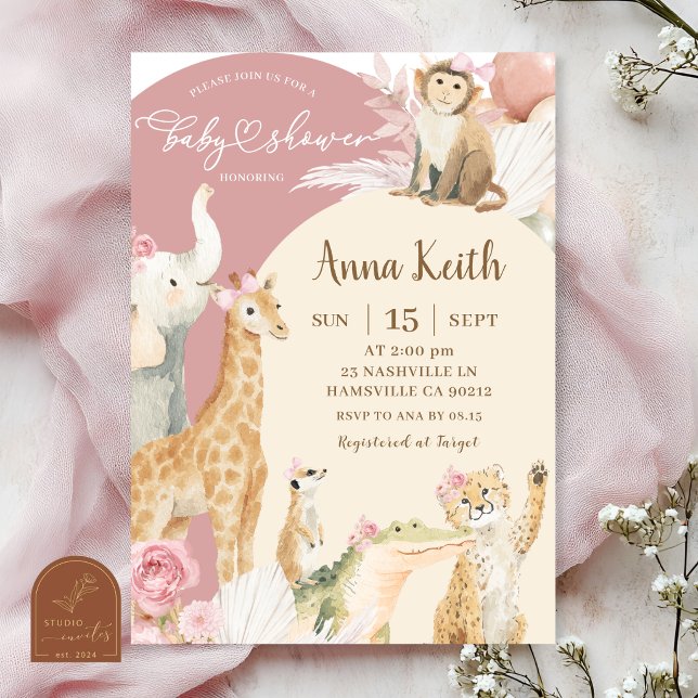 Pink Boho Safari Baby Shower Invitation (Creator Uploaded)