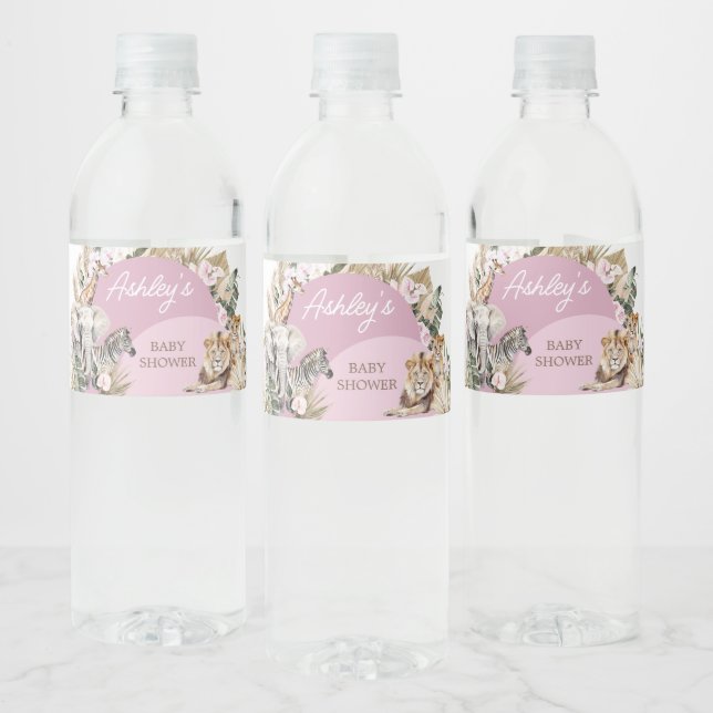 Pink Boho Safari Baby Shower  Water Bottle Label (Bottles)