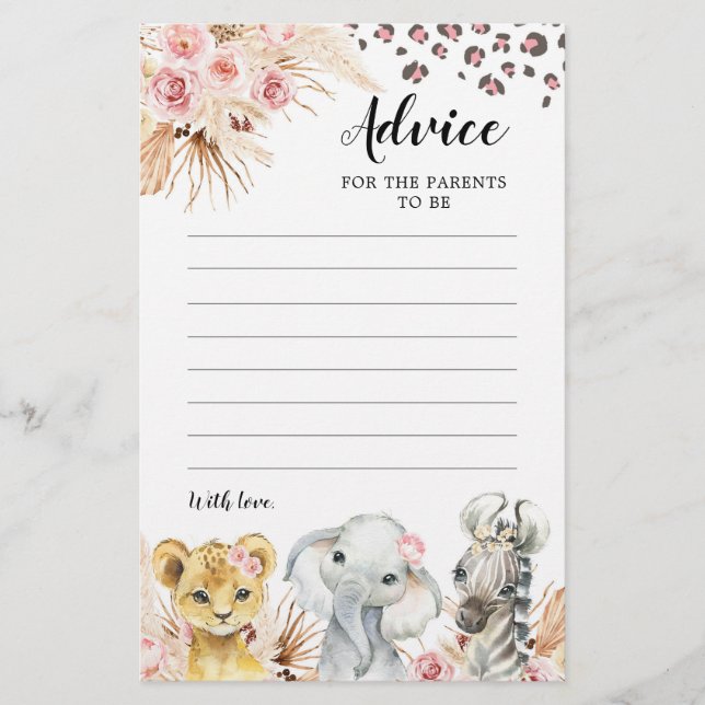 Pink Boho Safari Party Animals Advice for Parents (Front)