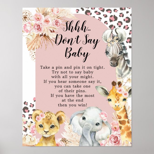 Pink Boho Safari Party Animals Girl Don't Say Baby Poster (Front)