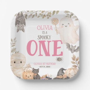 Pink Boho Spooky One 1st Birthday Cute Ghost  Paper Plate