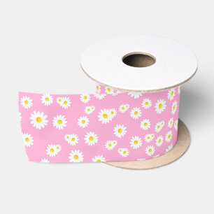 Pink Boho Spring Daisies Pattern Satin Ribbon