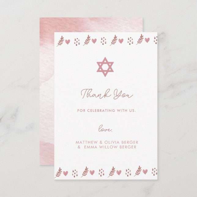 Pink Boho Star of David Jewish  Thank You Card (Front/Back)