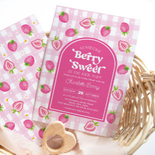 Pink Boho Strawberry Berry Sweet Baby Girl Shower Invitation