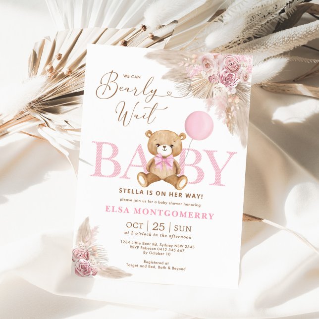 Pink Boho Teddy Bear Pampas Grass Girl Baby Shower Invitation (Creator Uploaded)