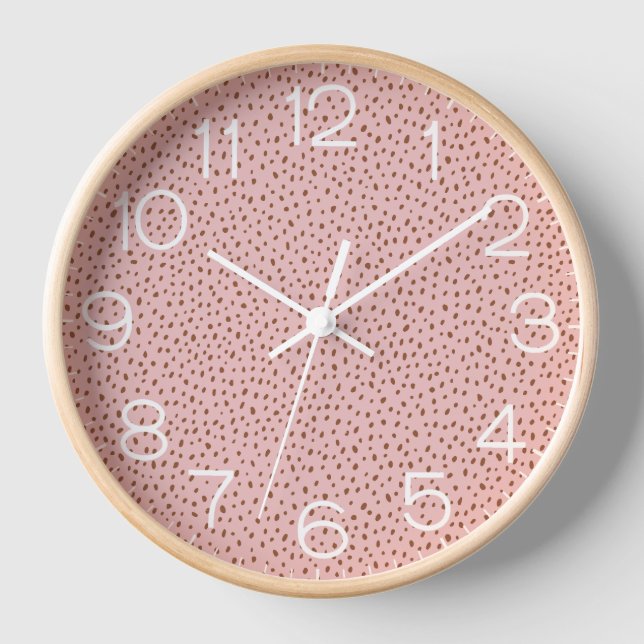 Pink & Boho Terracotta Brown Dots Monogram Clock (Front)