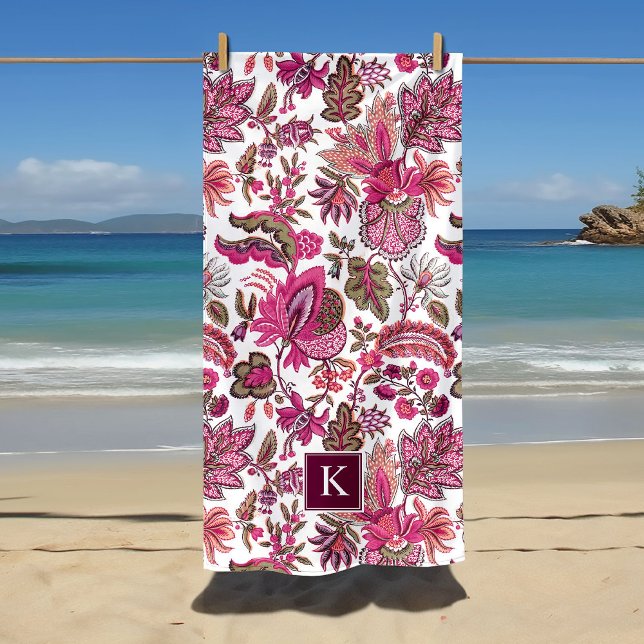 Pink Boho Vintage Floral Monogram Beach Towel (Creator Uploaded)