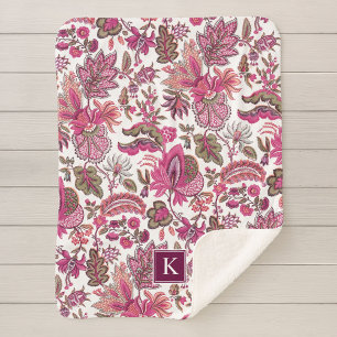 Pink Boho Vintage Floral Monogram Sherpa Blanket