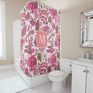 Pink Boho Vintage Floral Monogram Shower Curtain