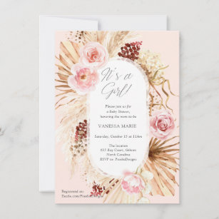 Pink boho watercolor floral arch pampas its a girl invitation