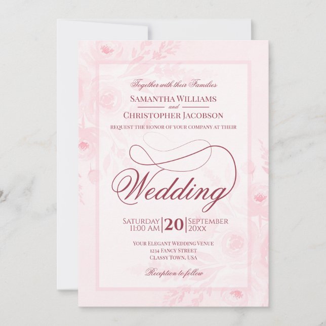 Pink Boho Watercolor Floral Fancy Script Wedding Invitation (Front)