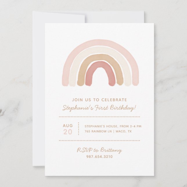 Pink Boho Watercolor Rainbow Girl Birthday Party Invitation (Front)