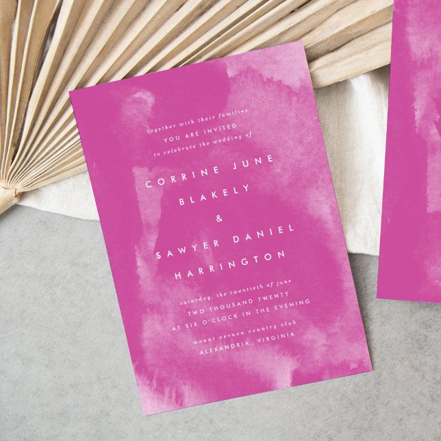 Pink Boho Watercolor Wedding Invitation (Rich pink watercolor wash bohemian modern wedding invitations.)