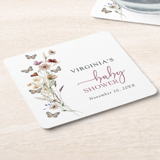 Pink Boho Wildflower Baby Shower Coaster (Dusty Pink Boho Wildflower Baby Shower Coaster with Butterflies by Painted Paperie
)