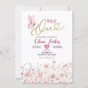 Pink Boho Wildflower Butterfly First Birthday Invitation