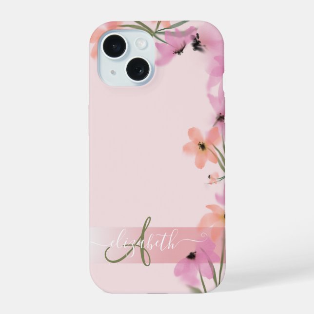 Pink Boho Wildflower Meadow Monogram     iPhone 15 Case (Back)