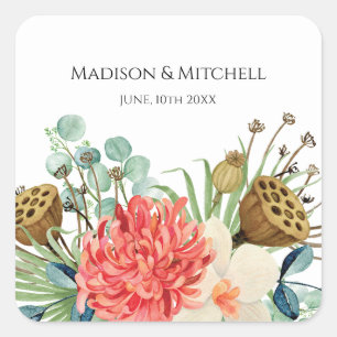 Pink Boho Wildflower Watercolor Bouquet Wedding Square Sticker