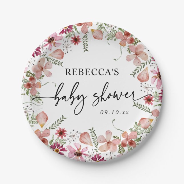 Pink Boho Wildflowers Baby Shower Paper Plates  (Front)