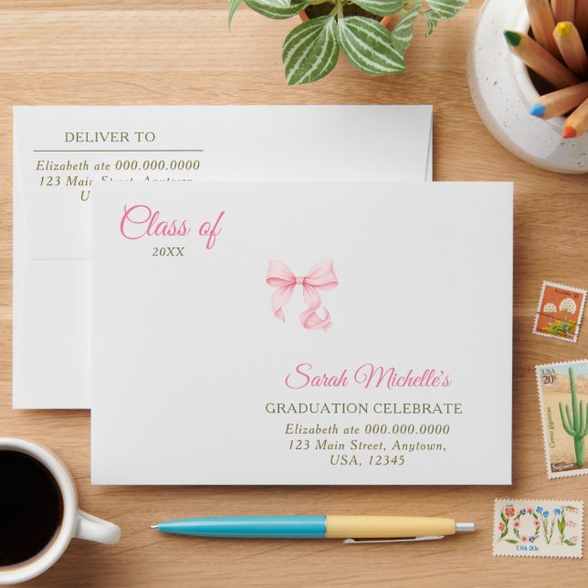 Pink Boho Wildflowers Graduation Envelope (Desk)