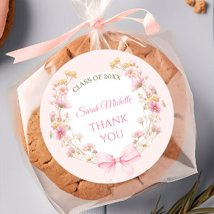 Pink Boho Wildflowers Graduation Party Classic Round Sticker