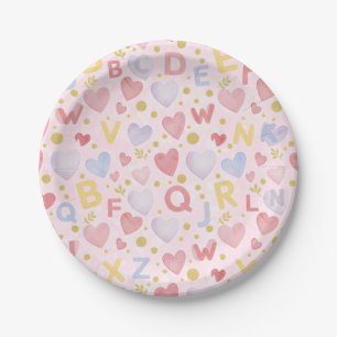 Pink Bokeh Alphabet & Hearts Sweet Pastel Theme Paper Plate