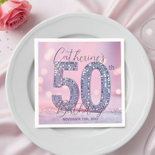 Pink Bokeh Glam Silver Glitter 50th Birthday Napkin