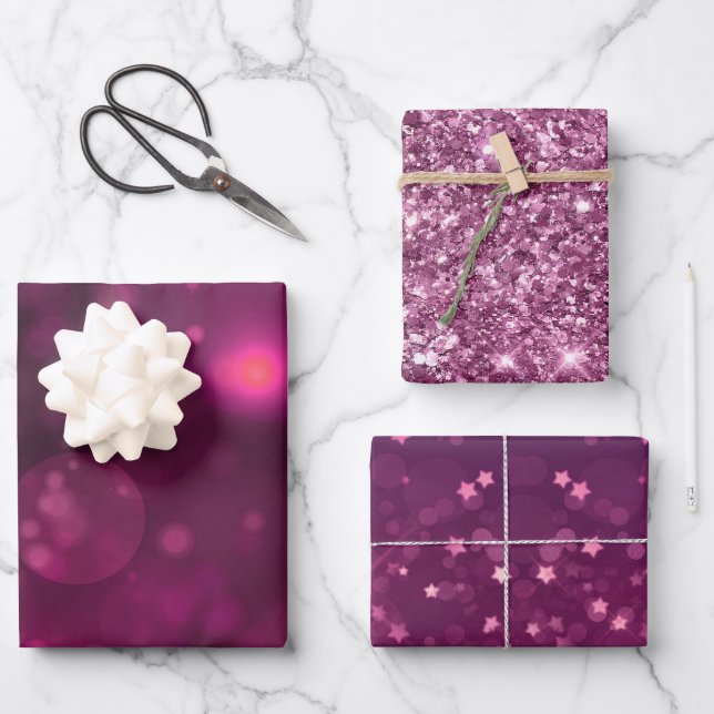 Pink Bokeh Glitter Stars Wrapping Paper Sheet (Front)